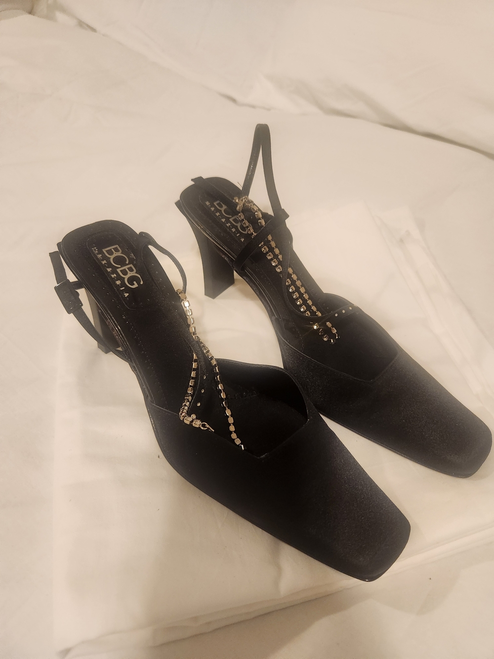 BCBG Black Satin Slingback Heels with Gold Chain Detail